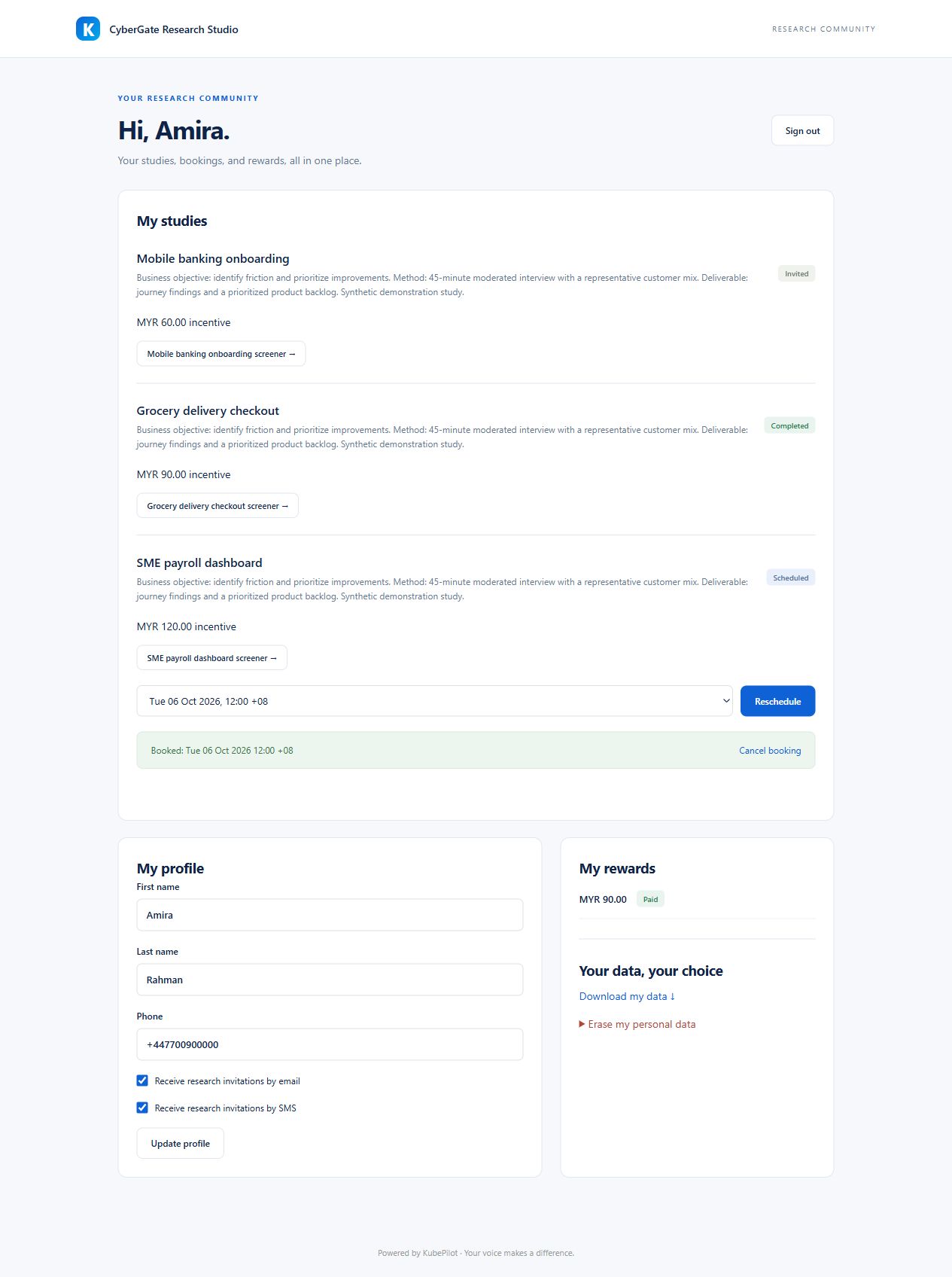 KubePilot participant portal showing invited studies, upcoming interviews and reward history